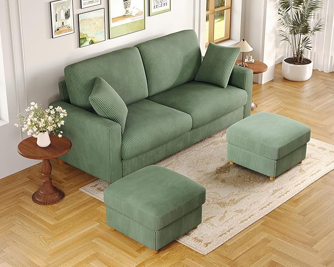 Kidirect 70in U Shaped Couch, Modular Sofa No Tool Assembly, Comfy Sectional Couches for Living Room 21in Deeper Seats, Corduroy Sofas for Living Room with 2 Pillows, Loveseat Sofa Set, Green Couch | Comfy Corduroy, Oversized 70in Couch, 700LB Tough, T...