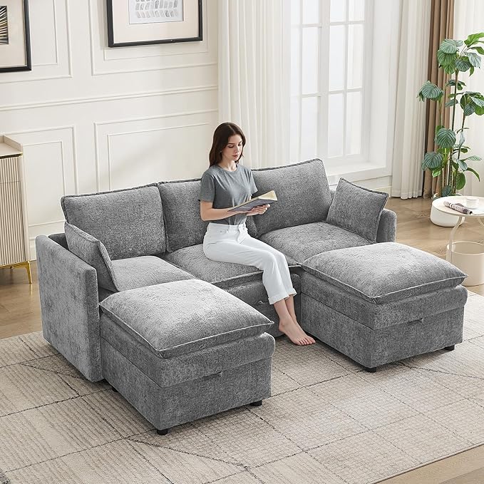 80" Cloud Modular 3 Seater Sofa with 2 Storage Ottoman, Modern Storage Sofa Couch Deep Seat, U Shape Sectional Sofa Chenille Comfy Couch with Armrests for Living Room, Small Space, Light Grey | Modular Sofa, Storage Ottoman, Upholstered Sofa, Sectional...