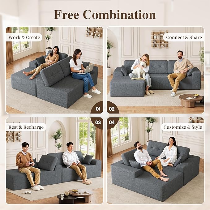 Ball & Cast 106" Cloud Sectional Couch, Compressed L-Shaped Sofa with Deep Seat Chaise, Boneless No Assembly Modular Couch, Foam & Spring Support, 2 Boxes (Right Facing, Chenille Dark Grey)