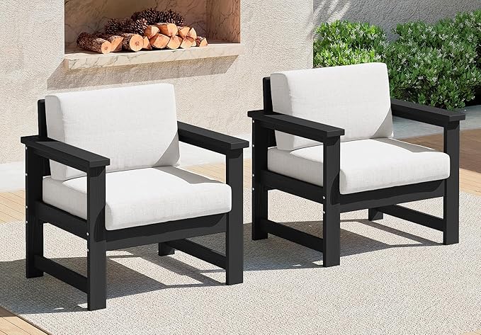 SERWALL 2 Pieces Single Cushioned Sofa Armchair, Black HDPE Adirondack Outdoor Sofa Lounge with Khaki Cushion