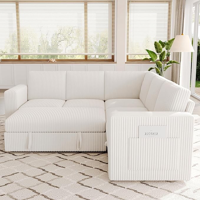 83.5" Sectional Sleeper Sofa with Pull Out Couch, Modern 5 Seat L Shaped Modular Couch, Sectionals Modular Sofa with Storage, Comfy Corduroy Couches Sectional for Living Room & Apartment, Beige