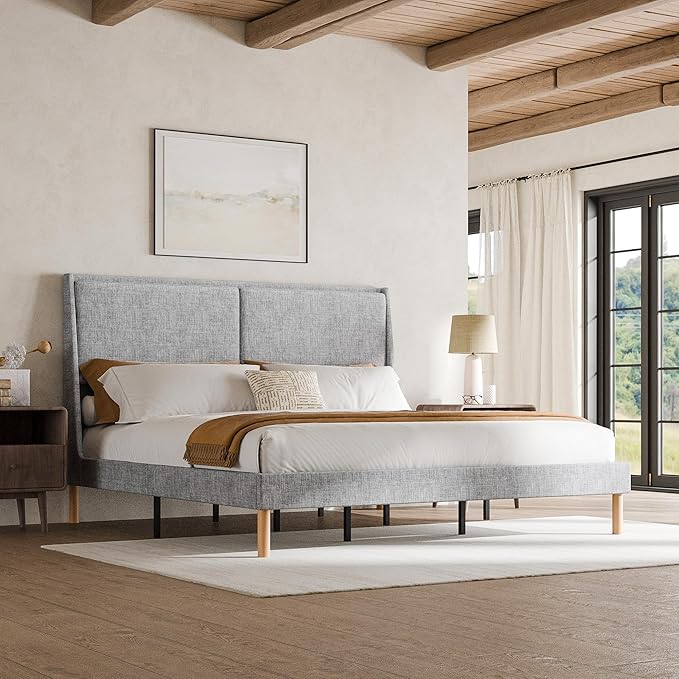 Cozy Castle King Size Upholstered Platform Bed Frame with 51.2" Tall Wingback Headboard, Double Backrest Metal Bed Frame, No Box Spring Needed, Easy Assembly, Bedroom Furniture, Grey