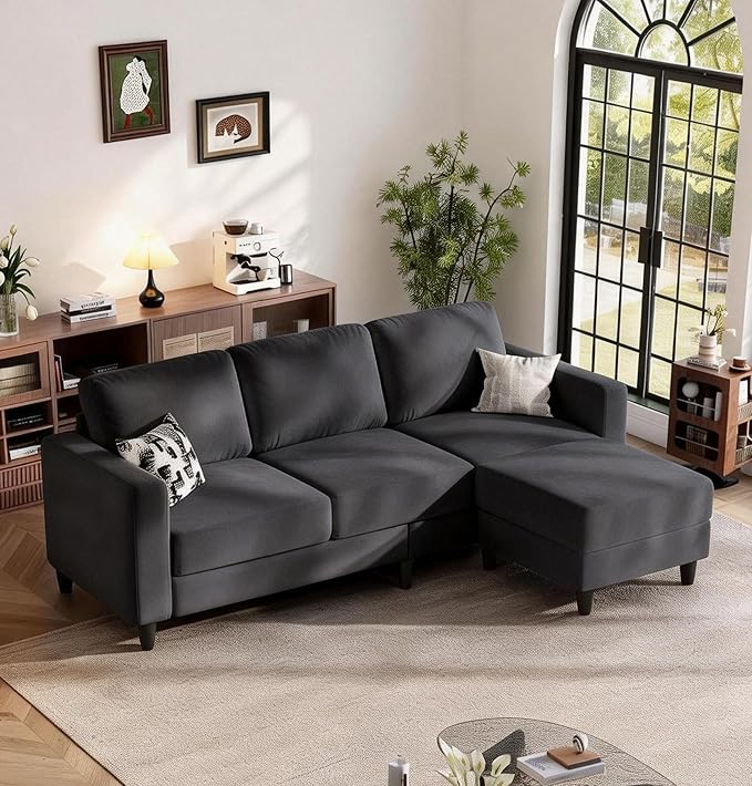 73" Sectional Sofa Couch for Living Room, Dark Grey Convertible L Shaped Sofa with Reversible Ottoman, 8" Extra Thick High-Density Cushions, Modern Linen Fabric 3 Seater Sofa for Small Space | 8" Extra Cushions