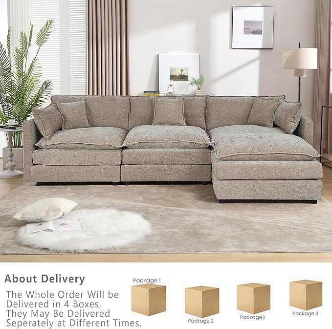 Setawix Deep 3 Seater Couch with Ottoman,112.2" L-Shaped Cloud Couches for Living Room,Chenille Cloud Sofa Couch with Deep Seat,Modular Sectional L Shape 3 Seat Sofa for Bedroom (Coffee, 3+1)
