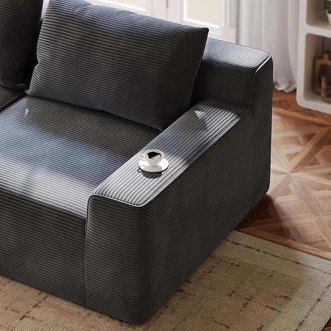 97" L-Shaped Boneless Modular Cloud Couch, Comfy Corduroy Sectional Sofa with Deep Seat and Left Facing Chaise, Flexible Module Combination for Living Room, No Assembly Required (Grey)