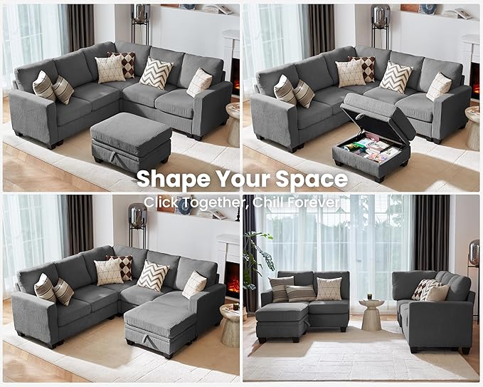 CHIC HOUSE Modular Corner Sectional Sofa with Storage Ottoman, Corduroy L-Shaped Couch, Compact Small Space Furniture for Living Room & Apartment, (Dark Grey, 6 Seater L-Shaped)