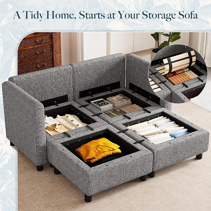 Belffin 58.3" Modular Sectional Sofa 4 Seats Sleeper Sofa Washable Sectional Couches for Living Room Comfy Couches with Storage Seat Couch Sofas with Chaise,Grey
