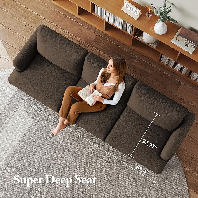 3 Seater Sofa Couch with Deep Seats, 89" Mid Century Modern Upholstered Sofa with Armrests, Comfy Couches for Living Room, Bedroom and Office, Linen Fabric Apartment Couch (Linen Brown)