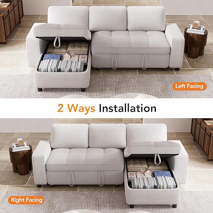WEUP Modular Sectional Sleeper Sofa Bed, 81" L-Shaped Couch Bed with Adjustable Backrest, Pull Out Couch with Reversible Chaise Storage, USB Charging & Tool-Free Assembly, Chenille Beige | Breathable material, Tool-Free Assembly, Reclining Backrest