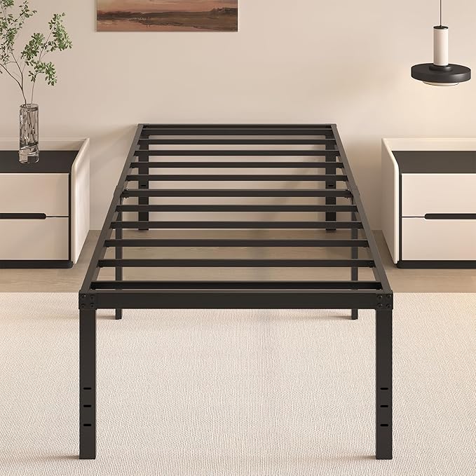 20 Inch Twin XL Size Bed Frame, No Box Spring Needed, Heavy Duty Black Metal Platform Mattress Foundation with Steel Slats, Non-Slip Noise Free Easy Assembly, Large Storage