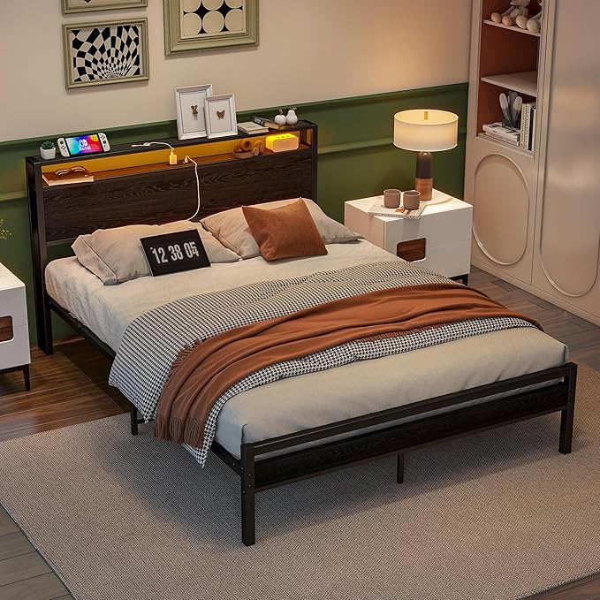 BOFENG Queen Bed Frame with Storage Headboard/LED Lights,Metal Platform Bed Frame with Charging Station,Bed Frame Queen Size with Storage,No Box Spring Needed,Noise Free,Black
