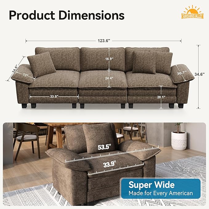 3 Seat Modular Sofa, 123.6'' Oversized Modern Chenille Sectional Couch with Wider Armrest and Pillow, Upholstered Cloud Deep Seat Sofa for Living Room, Taupe