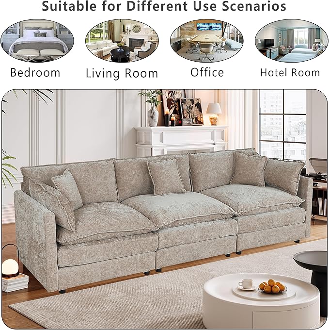Setawix Chenille Cloud Couches for Living Room,3 Seater Cloud Sofa Couch with Deep Seat,112.2" Roomy Cloud Sofas,Modular Sectional 3 Seat Sofa with Pillows for Bedroom (Coffee, 3 Seater)