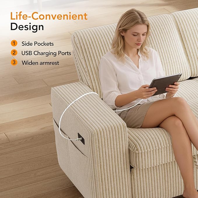 Vipbear Sectional Sleeper Couch with Pull Out Sofa Bed, L Shaped Plush Corduroy Couch with Reclining Backrest & Storage & USB Charging, Convertible Cloud Sectional Sofa Bed for Living Room, Beige | Breathable material, Tool-Free Assembly, Reclining Bac...