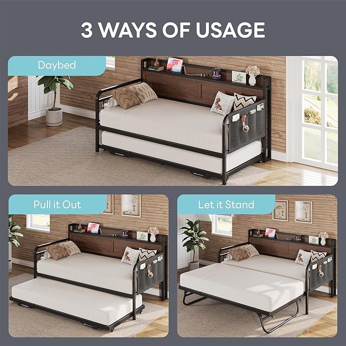 LIKIMIO Twin Daybed, Day Beds with Pop Up Trundle, Storage Headboard with Charging Station, Strong Supports for Apartment and Other Small Space, Dark Brown