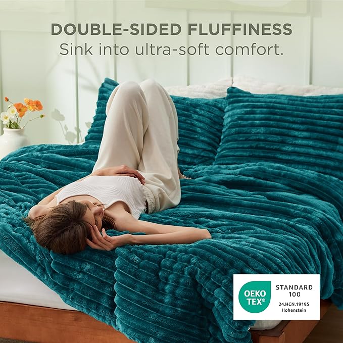 Bedsure Full Size Comforter Sets - GentleSoft™ 3 Pieces Double-Side Fleece Fluffy Teal Comforter Set, Cozy Striped Room Decor Aesthetic, Luxury Full Size Bedding, 2 Pillowcases, 82x86 Inches