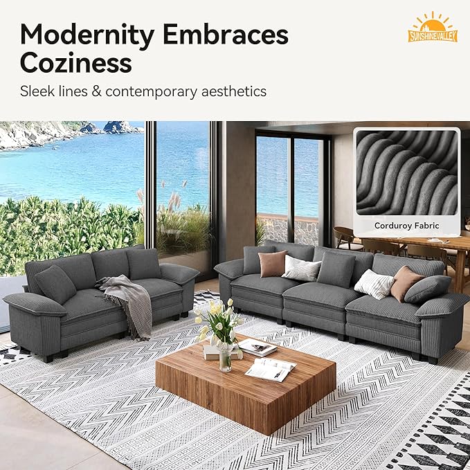 3 Piece Living Room Sofa Furniture Set, Corduroy Modular Loveseat, Cloud Chair, and 3-Seat Couch with Pillow, Oversized 6-Seat Modern Sectional Deep Sofa for Apartment, Grey