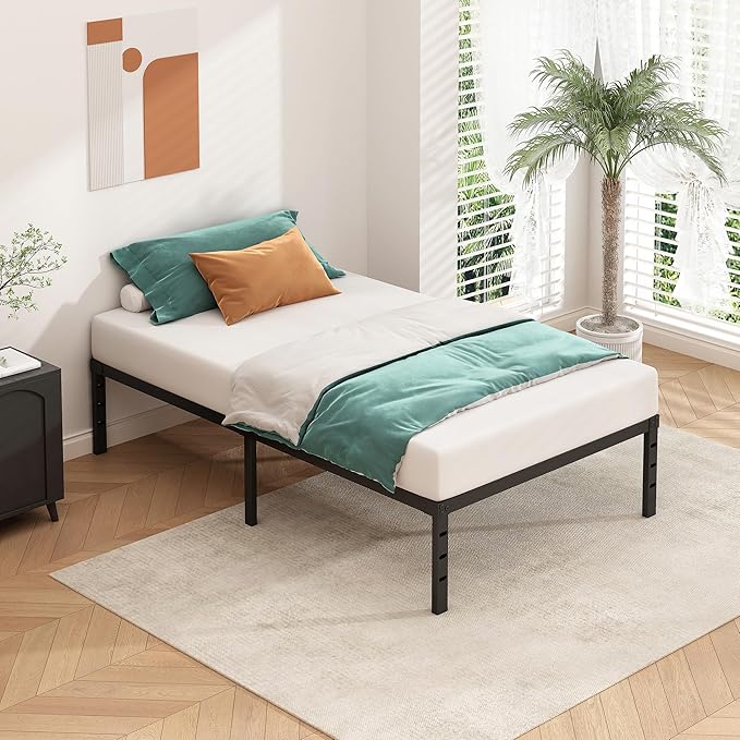 HLIPHA Metal Platform Bed Frame 16 Inch Tall,No Box Spring Needed,Twin Size Bed with Heavy Duty Strong Support Slats,Easy to Assemble,Black
