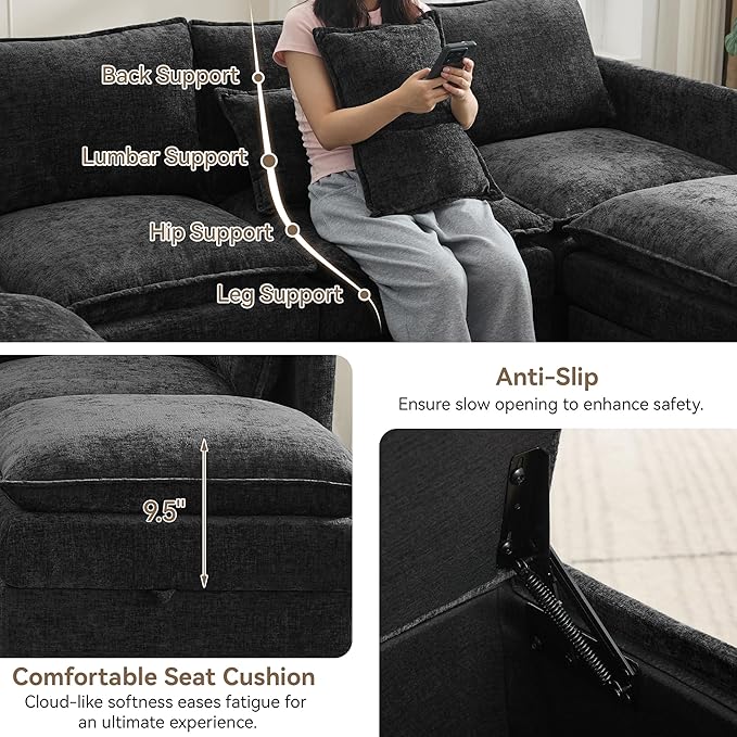 80" Cloud 3 Seater Sectional Modular Couch with Storage Ottoman, Upholstered Storage Sofa Modern Couch Deep Seat, Chenille L Shape Sofa Comfy Couches with Armrests for Living Room, Small Space, Black
