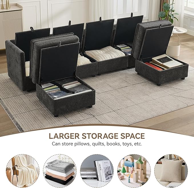 105" Cloud Modular 4 Seater Sofa with 2 Storage Ottoman, Modern Upholstered Sofa Storage Sofa Couch Deep Seat, U Shape Sectional Sofa Chenille Comfy Couch with Armrests for Living Room, Dark Grey | Modular Sofa, 2 Storage Ottoman, Upholstered Sofa, Sec...