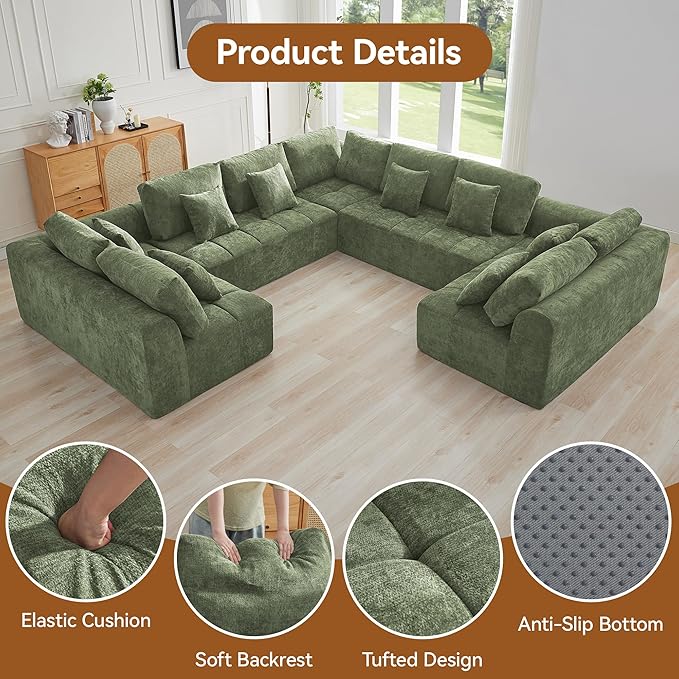 140''Modular Sectional Couches for Living Room, Cloud Boneless Compressed Sectional Sofa, Oversized U Shaped 9 Seater Upholstered Memory Foam Sofa, No Assembly, Chenille Green