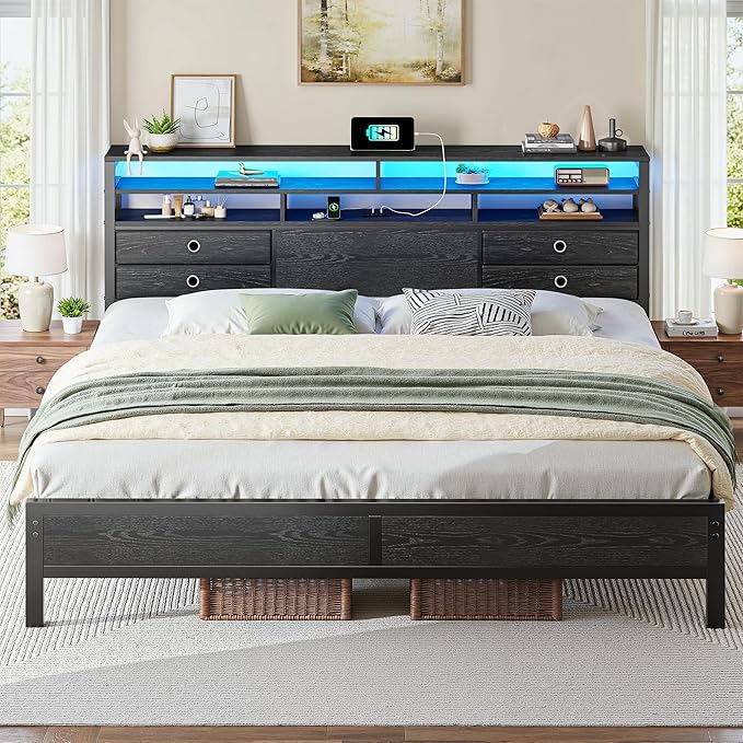 Homkdom King Size Bed Frame with 2-Tier Storage Headboard and 4 Drawers,King Bed Frame with LED Light & Charging Ports,Metal Platform Bed Frame,1100LB-Heavy Duty for Apartment,Guest Room,Modern Black
