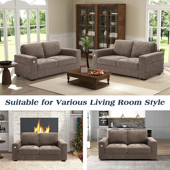 WorthFurni Sofas for Living Room, Chenille Loveseat Couch Set, Small Sofa, 3 Seater Sofa, USB Charging, Removable Sofa Cover,Solid Wood Frame, Easy to Install(70inch,Brown)
