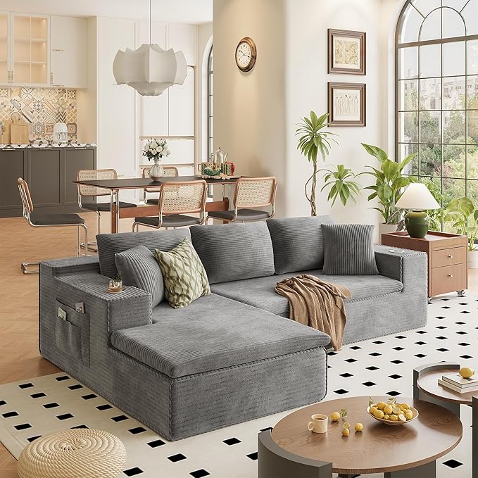 Homall 109" Boneless Couch with Memory Foam, Modular Sectional Sofa with L-Shape Chaise, Cloud Couch with Deep Seat, Dual Cup Holders & Side Pockets, No Assembly Required (Gray)