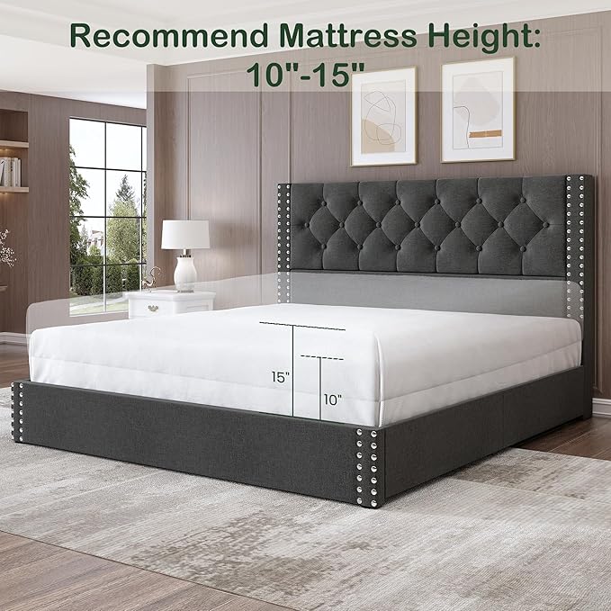 LARMACE Queen Size Bed Frame with 4 Storage Drawers and Tufted Headboard Linen Upholstered Platform Bed Frame with Heavy Duty Wood Slats, No Box Spring Needed, Easy Assembly, Grey