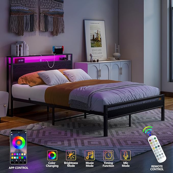 BOFENG Full Size Bed Frame with Wood Storage Headboard/LED Lights,Heavy Duty Platform Metal Bed Frame Full Size with Charging Station No Box Spring Needed,Strong Metal Support,Noise Free,Black
