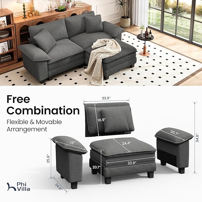 PHI VILLA Cloud Modular Couches Sets, 87.5" Sectional Loveseat Sofa with 1 Movable Ottoman, 3-Seater Comfy Couches for Living Room Apartment, Corduroy Fabric, Grey