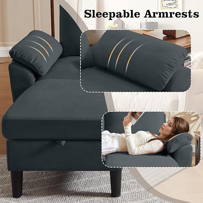 79" Convertible Sectional Sofa, Modern Linen Small L Shaped Couch with Reversible Chaise and Storage Ottoman, 3-Seat Sofa Couches for Living Room, Office, Apartment, Dark Grey