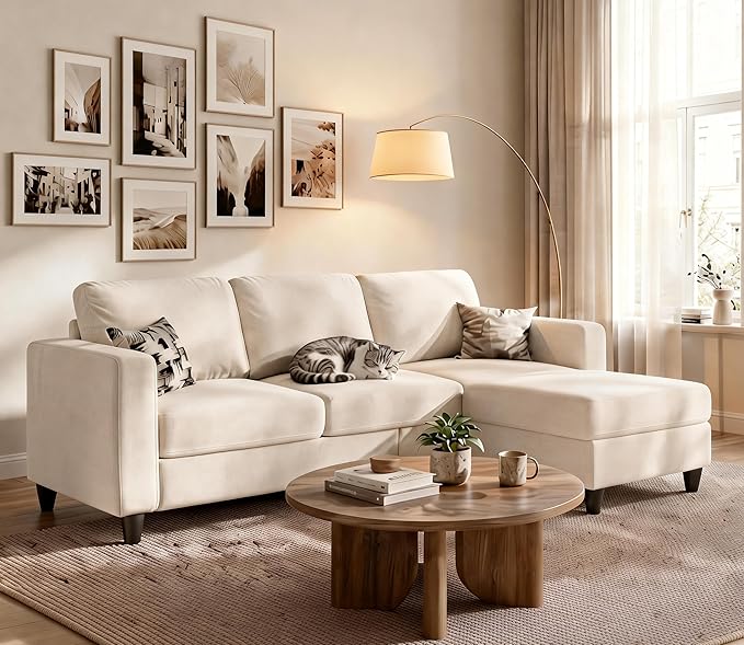 73" Sectional Sofa Couch for Living Room, Beige Convertible L Shaped Sofa with Reversible Ottoman, 8" Extra Thick High-Density Cushions, Modern Linen Fabric 3 Seater Sofa for Small Space