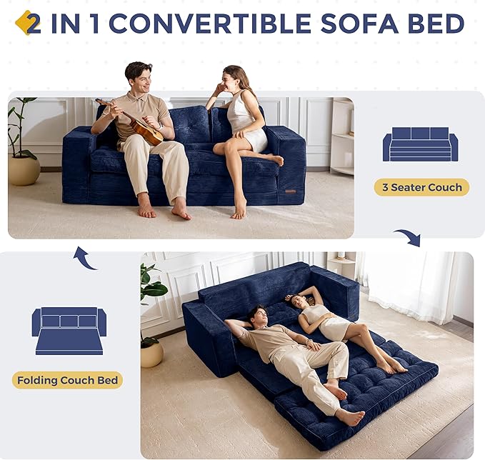 MAXYOYO Convertible Sofa Bed, Pull Out Oversized Loveseat Sleeper Sofa, 2 in 1 Folding Couch Bed, Fold Out Floor Couch with Pillows for Living Room Bedroom Lounge, Navy