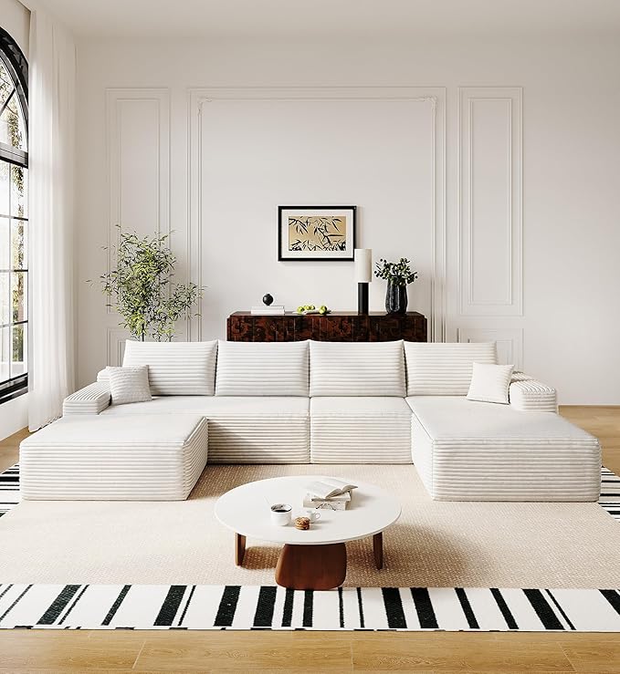 136" Sectional Couches for Living Room Cloud Couch Sofa with L-Shape Upholstered Boneless Couchs Modern Modular Sectional Couch with Chaise (White, 136" Right Facing Chaise+3Seaters+Ottoman)