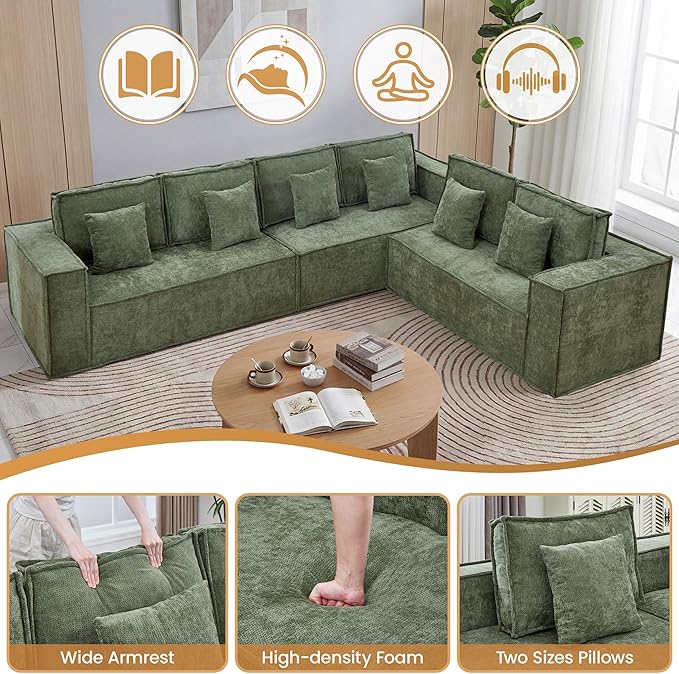 138'' Boneless Chenille L Shaped Couch, Oversized Modular Sectional 6 Seater Sofa, Modern Deep Seat Corner Cloud Compressed Couch, No Assembly Sleeper Sofa with Chaise for Living Room, Green
