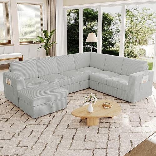 106.7" Sectional Sleeper Sofa with Pull Out Couch, Modern 7 Seat U Shaped Modular Couch, Sectionals Modular Sofa with Storage, Comfy Corduroy Couches Sectional for Living Room, Light Gray