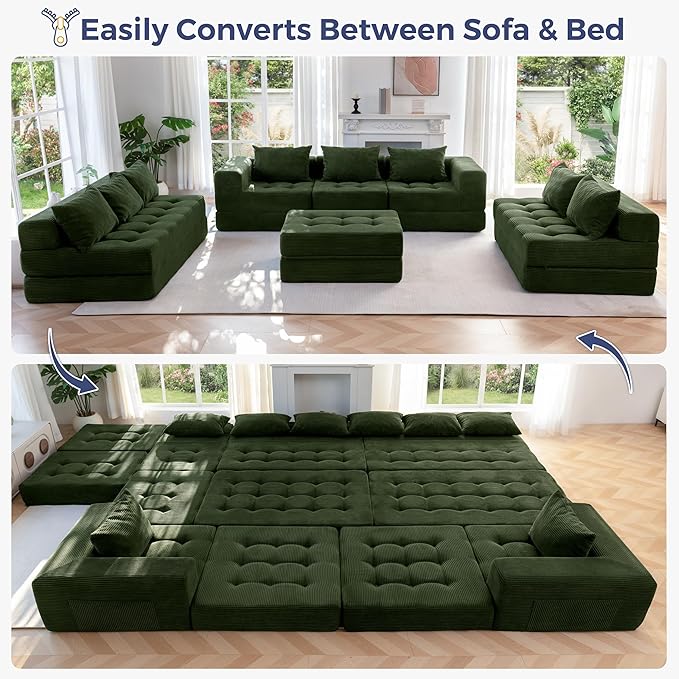 MAXYOYO Modular Sectional Sofa Couch, Foldable Oversized U Shaped Cloud Couch with Pillows, Tufted Boneless Sleeper Lounger Floor Sofa Bed for Living Room, No Assembly Required, Dark Green