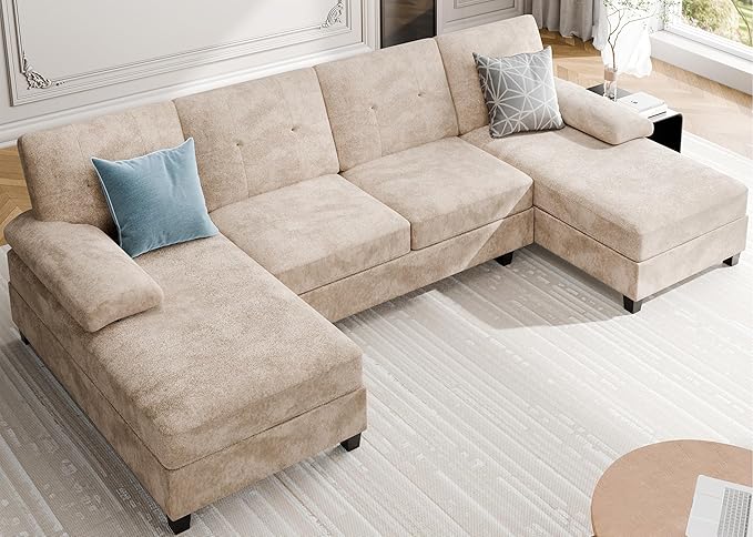 Meilocar Sectional Couches for Living Room, 4 Seat Sofa Set U Shaped Couch with Double Chaise Lounges, Large Couch for Apartment (Light Beige)
