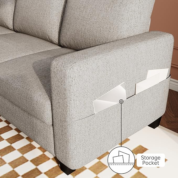 Sectional Sofa and Couches for Living Room, 78'' Brown 3 Seat L-Shaped Couch with Movable Ottoman, Comfy Linen Convertible Sectionals Sofas with Chaise for Apartment, Dorm, Small Space