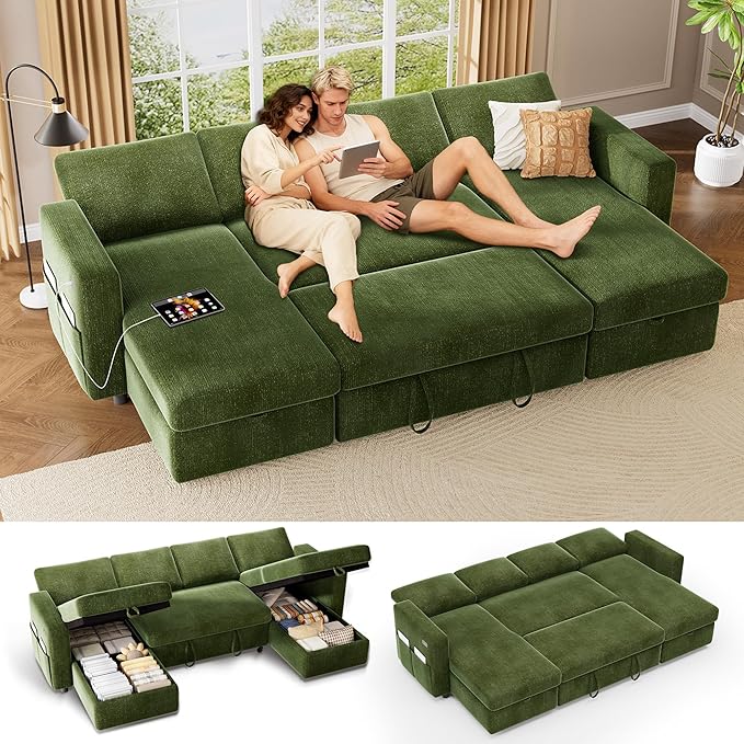 Vipbear 106" Sectional Sleeper Sofa with Pull Out Bed, U Shaped Couch Sleeper Sofa Bed, Pull Out Couch with Reclining Backrest, Double Storage Chaise, USB Ports, Tool-Free Assembly, Chenille Green