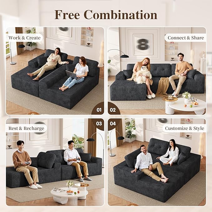 Ball & Cast 106" Boneless Sectional Sofa, Corduroy Modular L Shaped Couch with Deep Seat Chaise, Cloud Style Oversized Sofa for Living Room, No Assembly, Right Facing,Grey