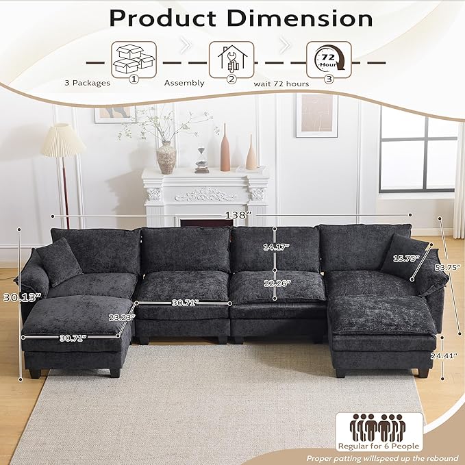 138" Modular Sectional Couch, U Shaped Comfy Cloud Couch with Ottoman and Throw Pillows, Modern Chenille Sofa Sleeper Deep Seat Sofa Couched for Living Room,Apartment(Grey)