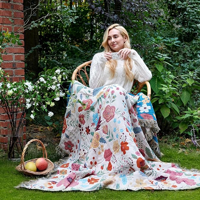 LUTBM Boho Throw Blanket for Bed Cotton Spring Blankets Twin Size for Bedroom Living Room All Season Lightweight Floral Embroidery Quilt for Couch Sofa Chair 60"x80"
