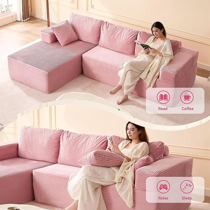 107" Boneless Couch with Deep Seat, Set of Modular Sectional Sofa, Cloud Sectional Couch for Living Room, No Assembly Required, Corduroy, L-Shape Left, Pink