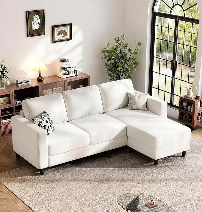 73" Sectional Sofa Couch for Living Room, Beige Convertible L Shaped Sofa with Reversible Ottoman, 8" Extra Thick High-Density Cushions, Modern Linen Fabric 3 Seater Sofa for Small Space