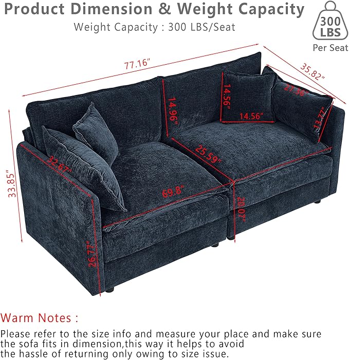 Setawix Chenille Loveseat Sofa Couch with Deep Seat,Large 2 Seater Cloud Couches for Living Room,77.16" Roomy Cloud Sofas,Modular Sectional 2 Seat Sofa with Pillows for Bedroom. (Blue, 2 Seater)