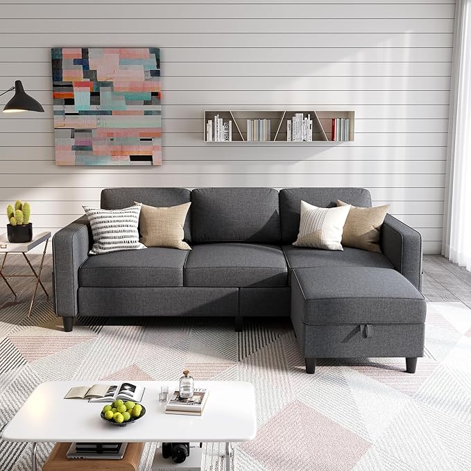 Sectional Sofas Couches for Living Room 78" L-Shaped Small Couch - Modern Linen Dark Grey Sofa with Storage Ottoman for Apartments, Studios Home Offices, Small Space