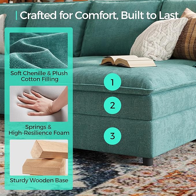 LINSY HOME Modular Sectional Couches, 115" U Shaped Cloud Sofa with Versatile Console, Chenille 4-Seat Sofa Set for Living Room, Apartment, Office, Green