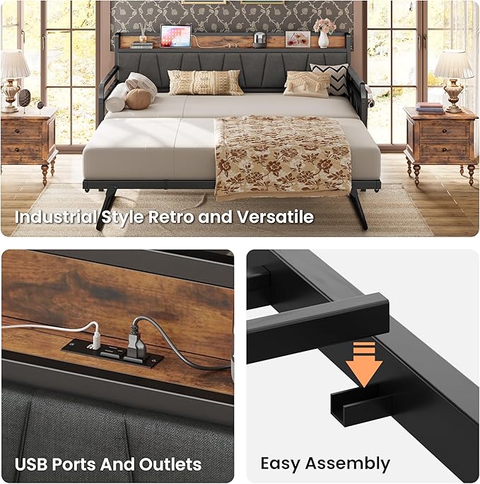 LIKIMIO Daybed with Trundle Bed, Twin Bed Frame with Storage Headboard and Charging Station, Sofa Day Bed with Strong Supports for Living Room, Bedroom, and Guest Room, Grey